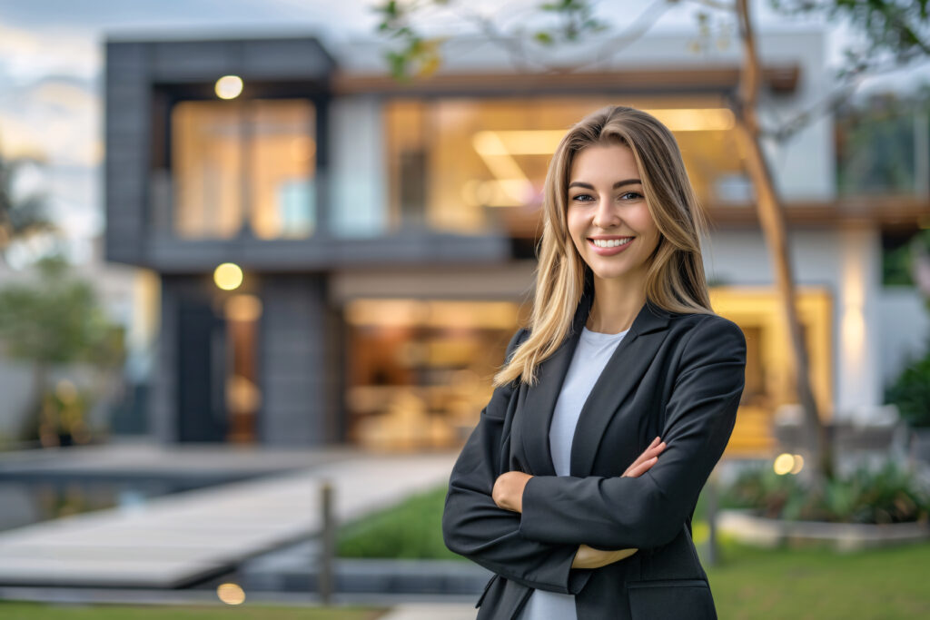 portrait of beautiful female real estate agent near modern house